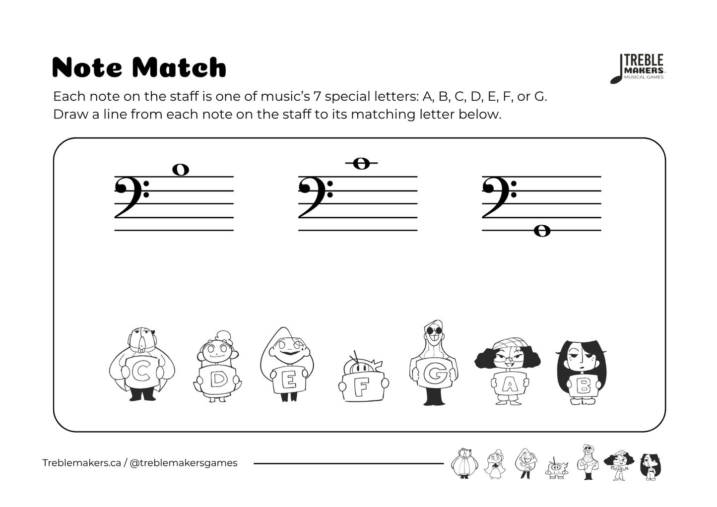 Note Match – Letter Pals – Staff Reading Activity Sheets - Bass Clef - Set 8