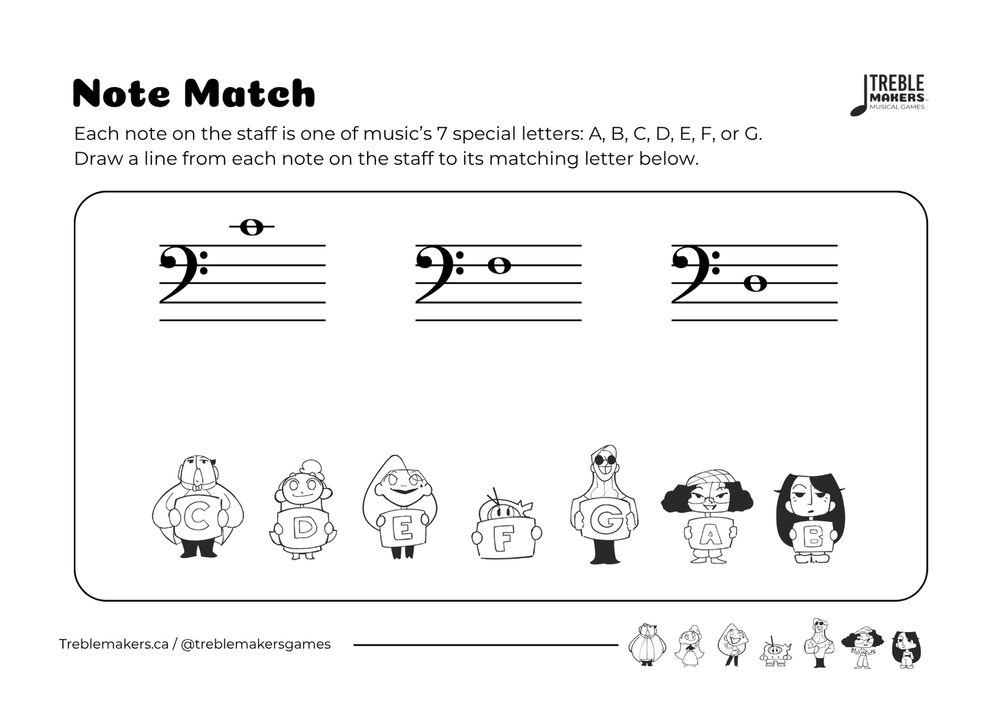 Note Match – Letter Pals – Staff Reading Activity Sheets - Bass Clef - Set 4
