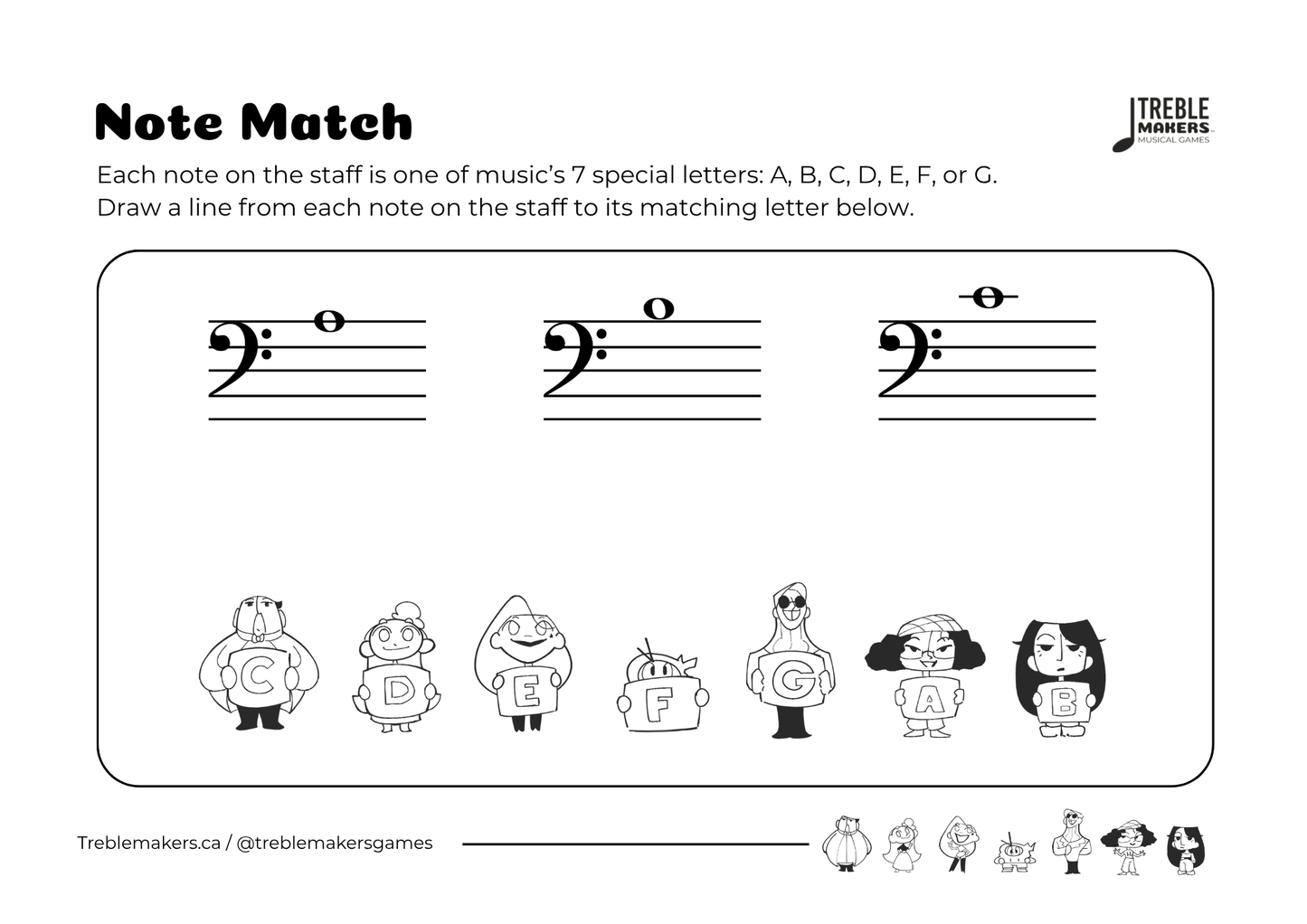 Note Match – Letter Pals – Staff Reading Activity Sheets - Bass Clef - Set 4