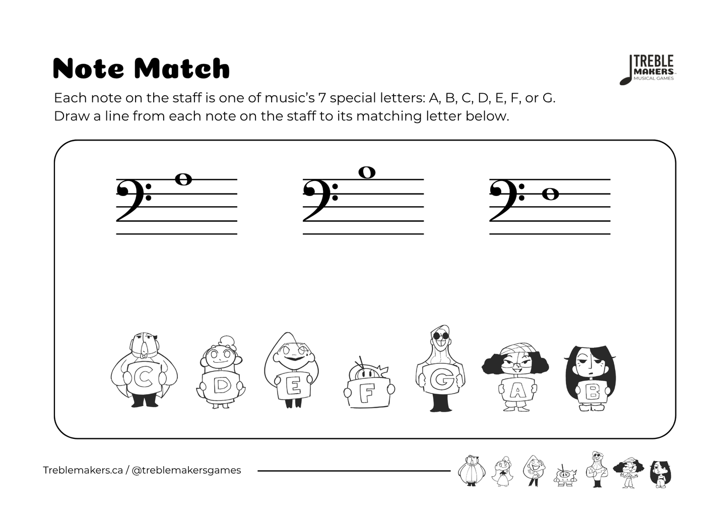 Note Match – Letter Pals – Staff Reading Activity Sheets - Bass Clef - Set 6