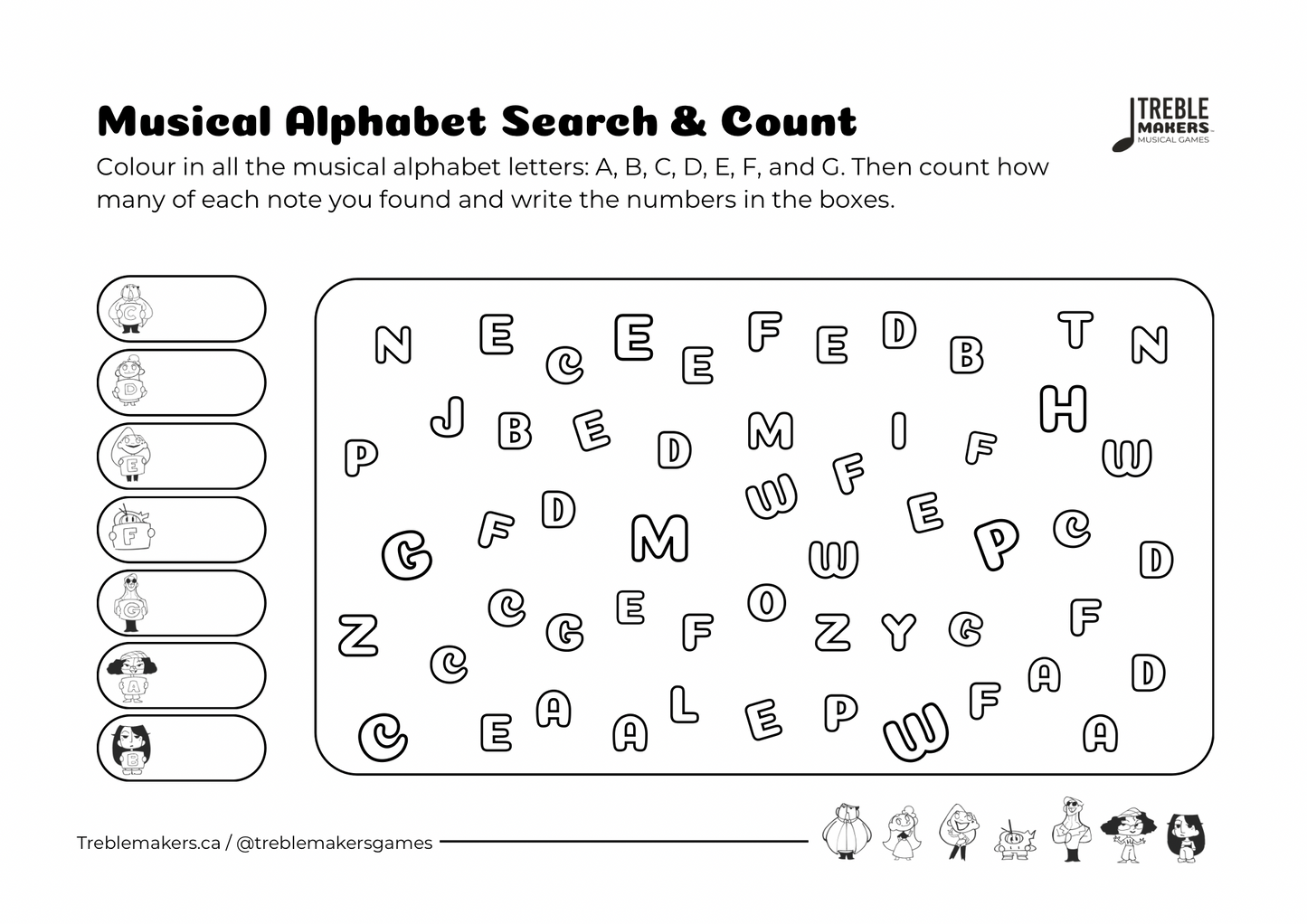Musical Alphabet — Search and Count Activity Sheets - Set 1