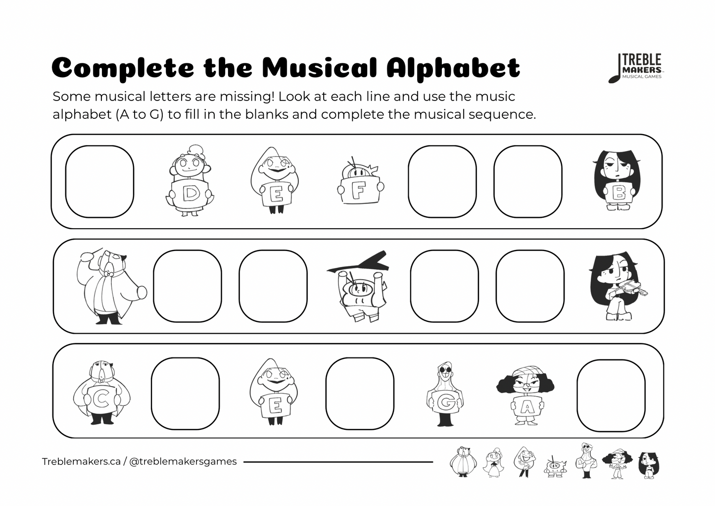 Complete the Musical Alphabet – Note Sequence Activity Sheets - Set 1