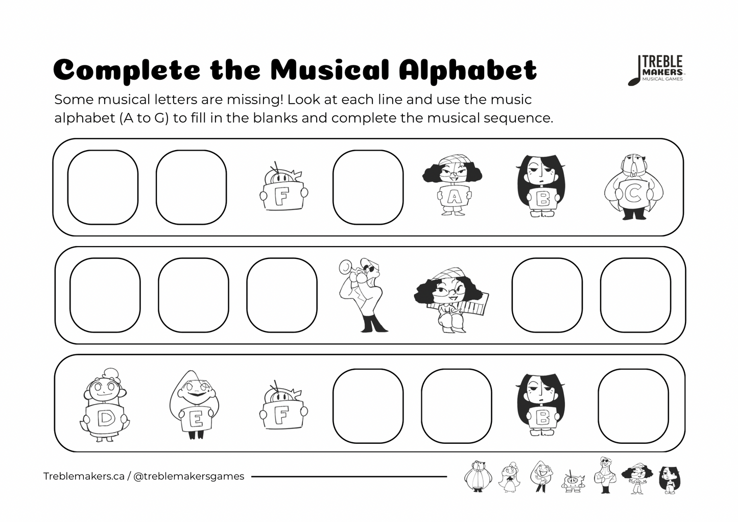 Complete the Musical Alphabet – Note Sequence Activity Sheets - Set 1
