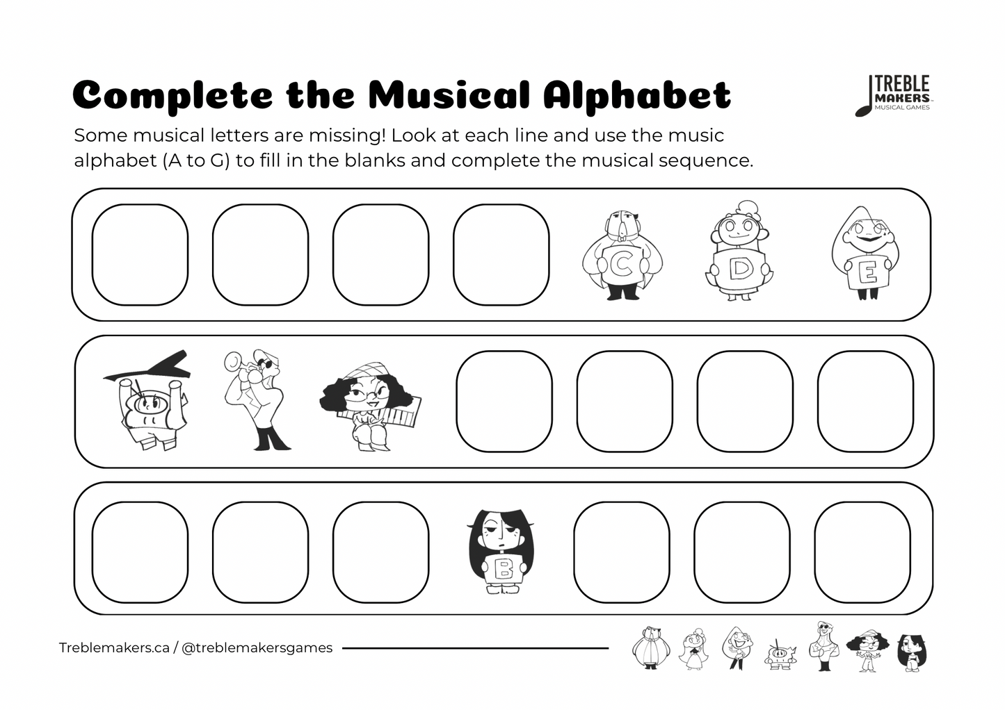 Complete the Musical Alphabet – Note Sequence Activity Sheets - Set 1