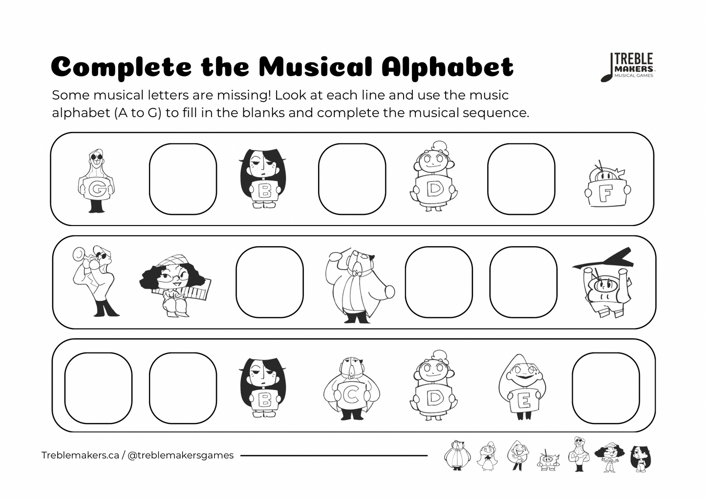 Complete the Musical Alphabet – Note Sequence Activity Sheets - Set 1