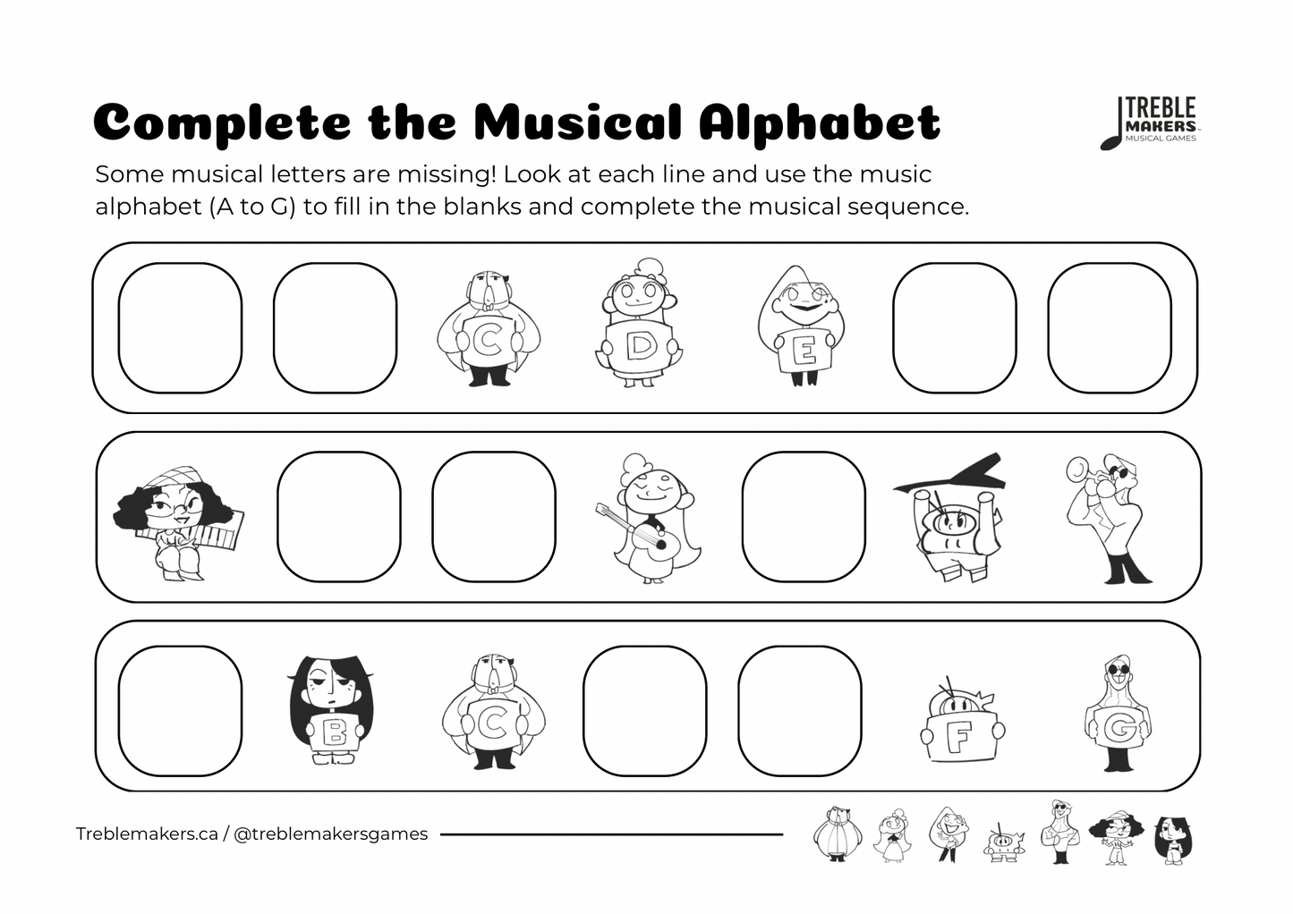 Complete the Musical Alphabet – Note Sequence Activity Sheets - Set 1