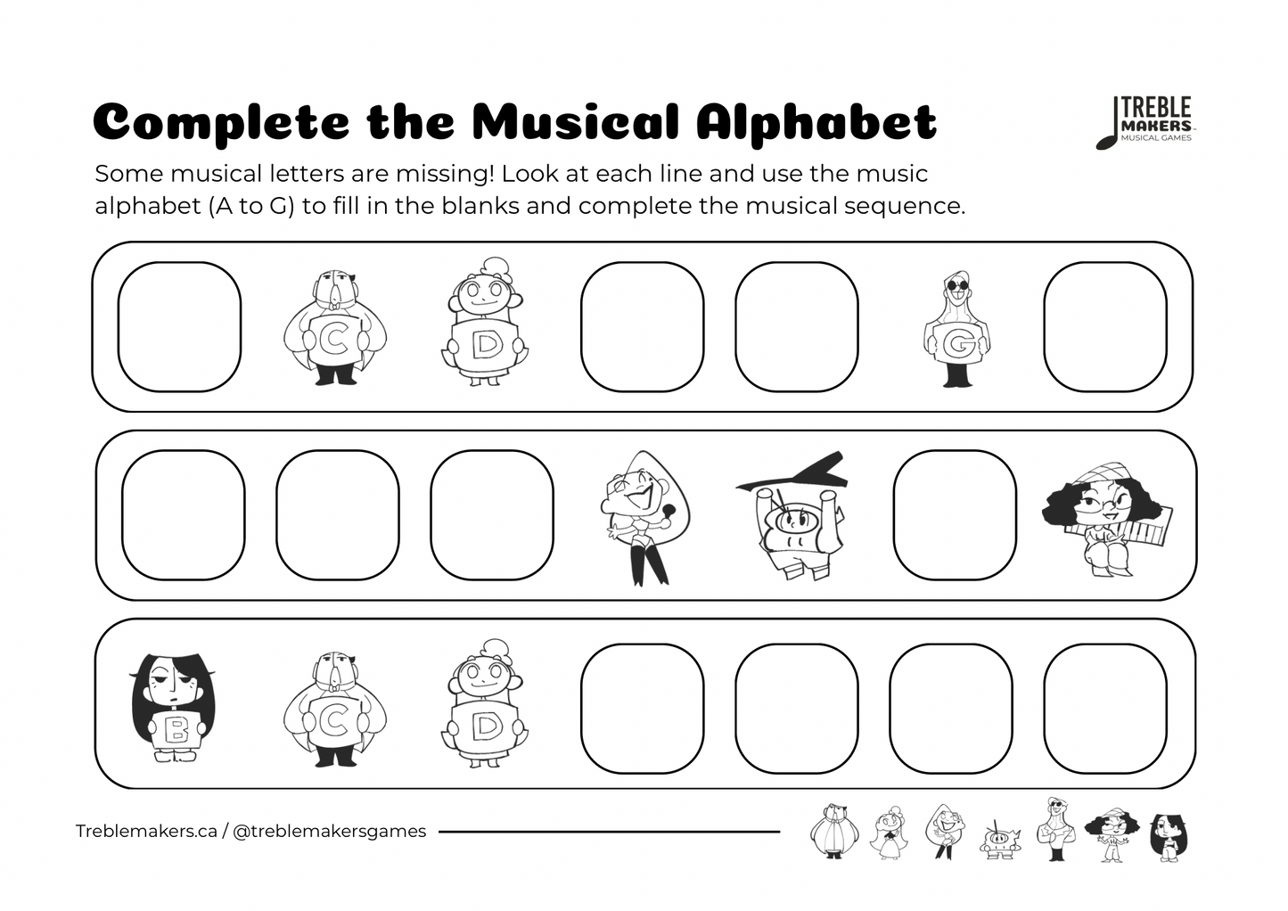 Complete the Musical Alphabet – Note Sequence Activity Sheets - Set 1