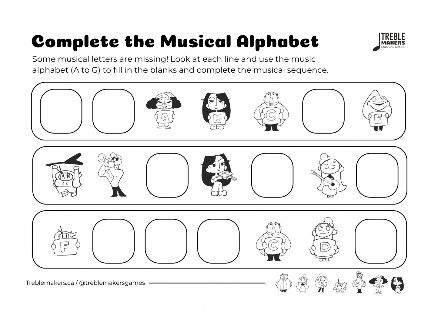 Complete the Musical Alphabet – Note Sequence Activity Sheets - Set 2