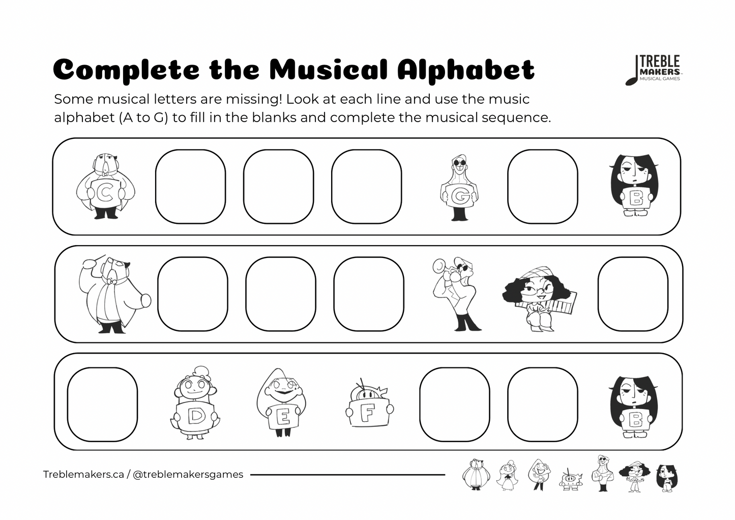 Complete the Musical Alphabet – Note Sequence Activity Sheets - Set 3
