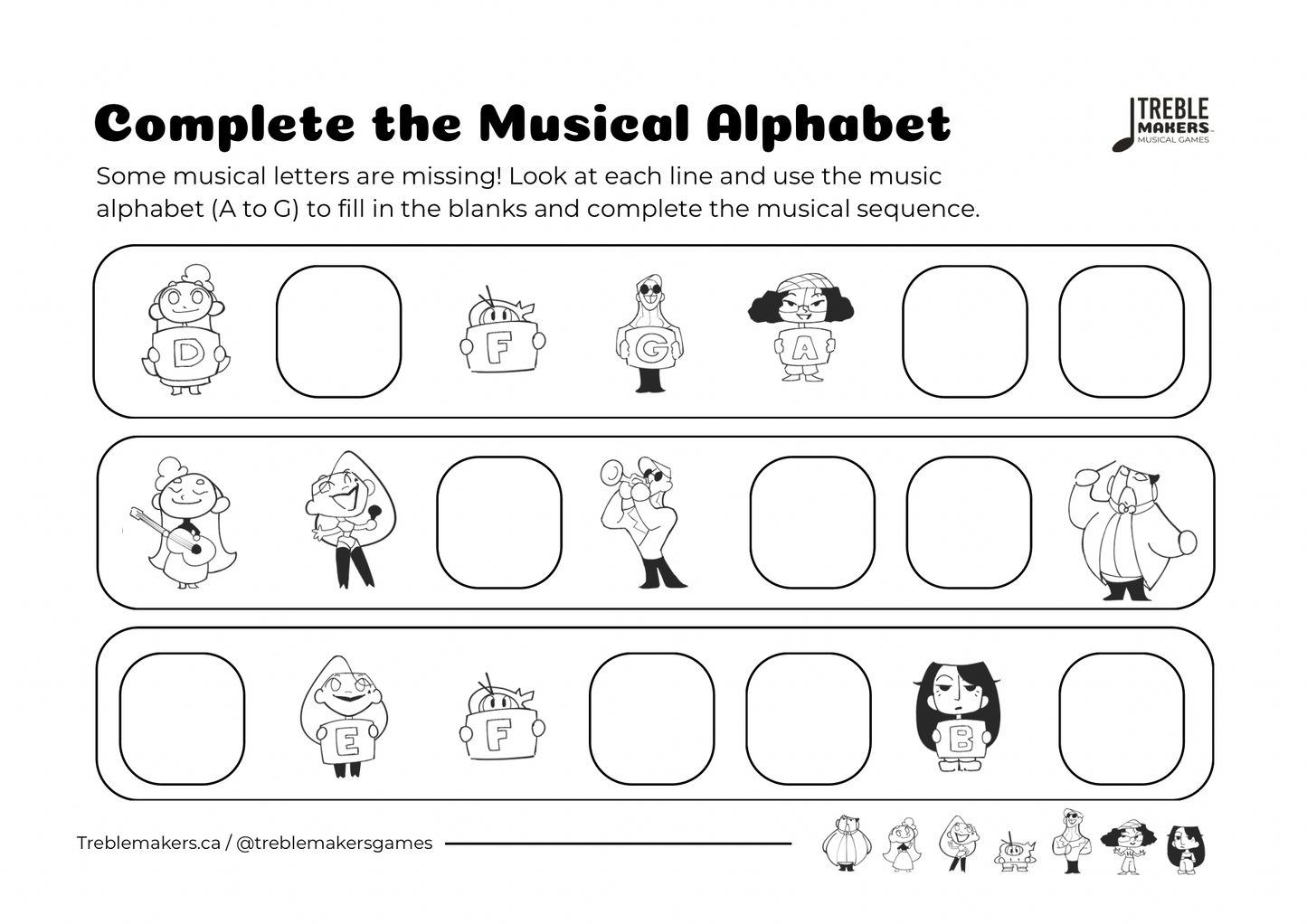 Complete the Musical Alphabet – Note Sequence Activity Sheets - Set 3