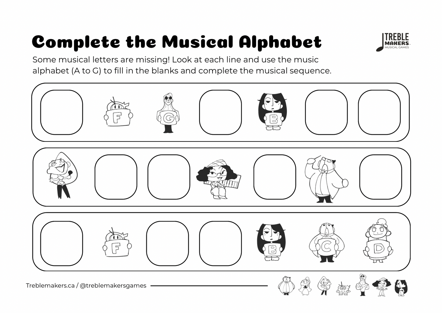 Complete the Musical Alphabet – Note Sequence Activity Sheets - Set 3