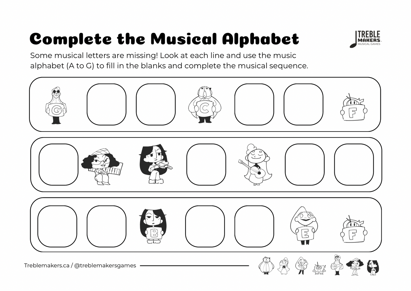 Complete the Musical Alphabet – Note Sequence Activity Sheets - Set 7
