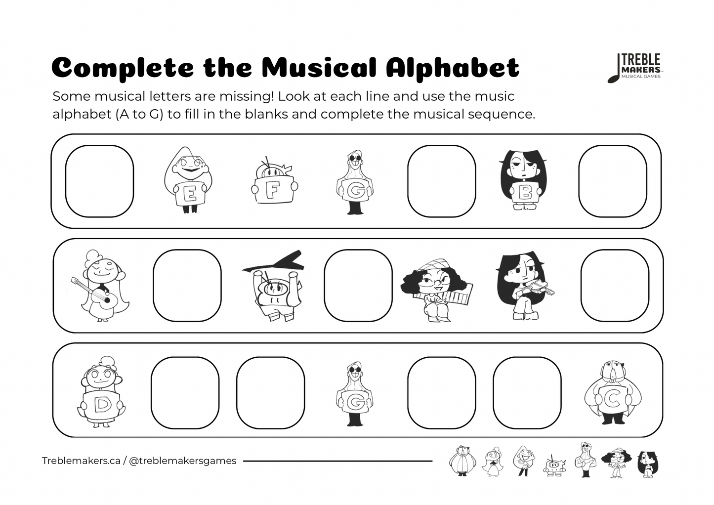 Complete the Musical Alphabet – Note Sequence Activity Sheets - Set 10