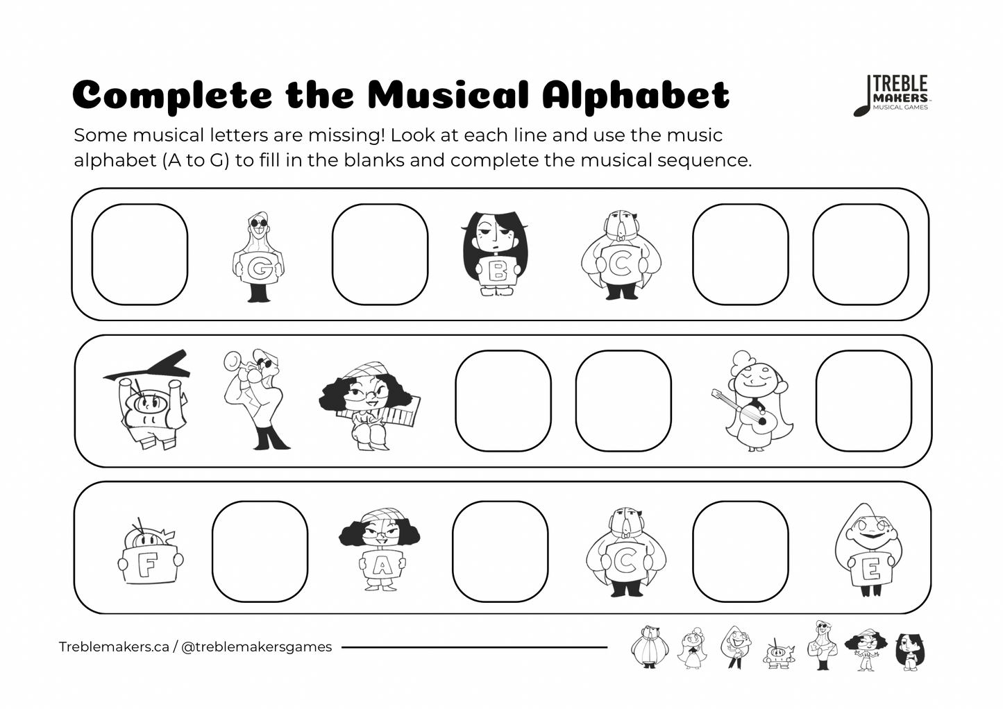 Complete the Musical Alphabet – Note Sequence Activity Sheets - Set 10