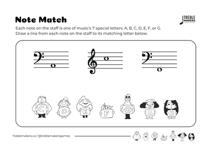 Note Match – Letter Pals – Staff Reading Activity Sheets - Mixed Clef - Set 3