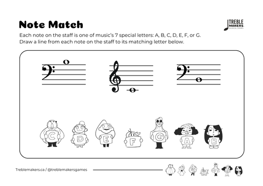 Note Match – Letter Pals – Staff Reading Activity Sheets - Mixed Clef - Set 7