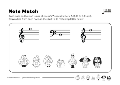 Note Match – Letter Pals – Staff Reading Activity Sheets - Mixed Clef - Set 8