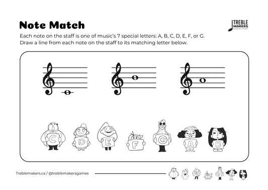 Note Match – Letter Pals – Staff Reading Activity Sheets - Treble Clef - Set 3