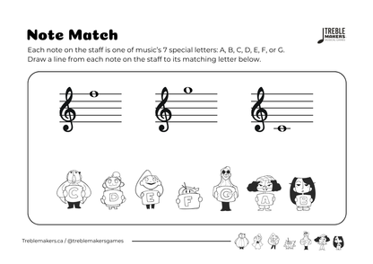 Note Match – Letter Pals – Staff Reading Activity Sheets - Treble Clef - Set 3