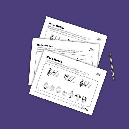 Note Match – Letter Pals – Staff Reading Activity Sheets - Mixed Clef - Set 2
