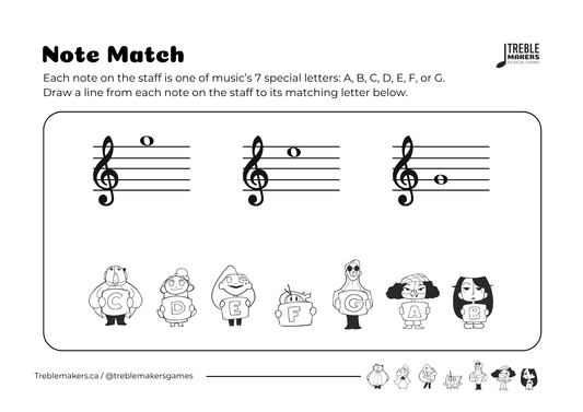 Note Match – Letter Pals – Staff Reading Activity Sheets - Treble Clef - Set 5