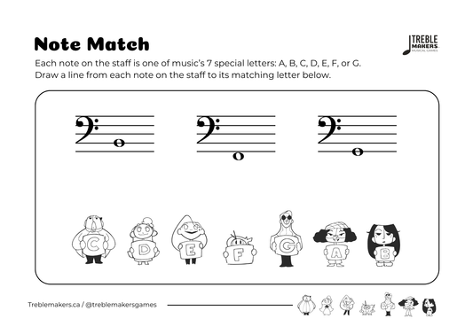Note Match – Letter Pals – Staff Reading Activity Sheets - Bass Clef - Set 1