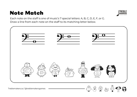 Note Match – Letter Pals – Staff Reading Activity Sheets - Bass Clef - Set 2