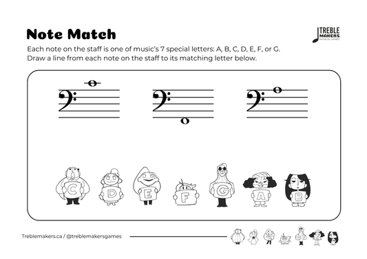Note Match – Letter Pals – Staff Reading Activity Sheets - Bass Clef - Set 4
