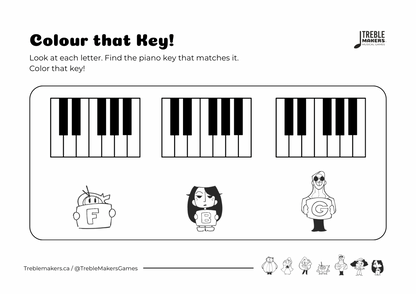 Colour That Key – Piano Note Recognition Activity Sheets - Set 6