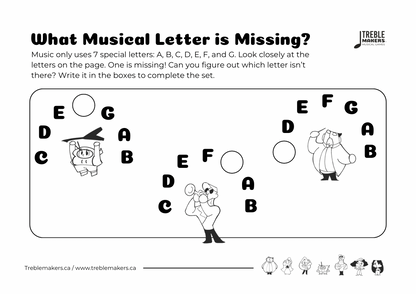 Missing Letter - Musical Alphabet Fill-in-the-Blank Activity Sheets - Set 3