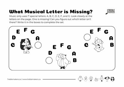 Missing Letter - Musical Alphabet Fill-in-the-Blank Activity Sheets - Set 5
