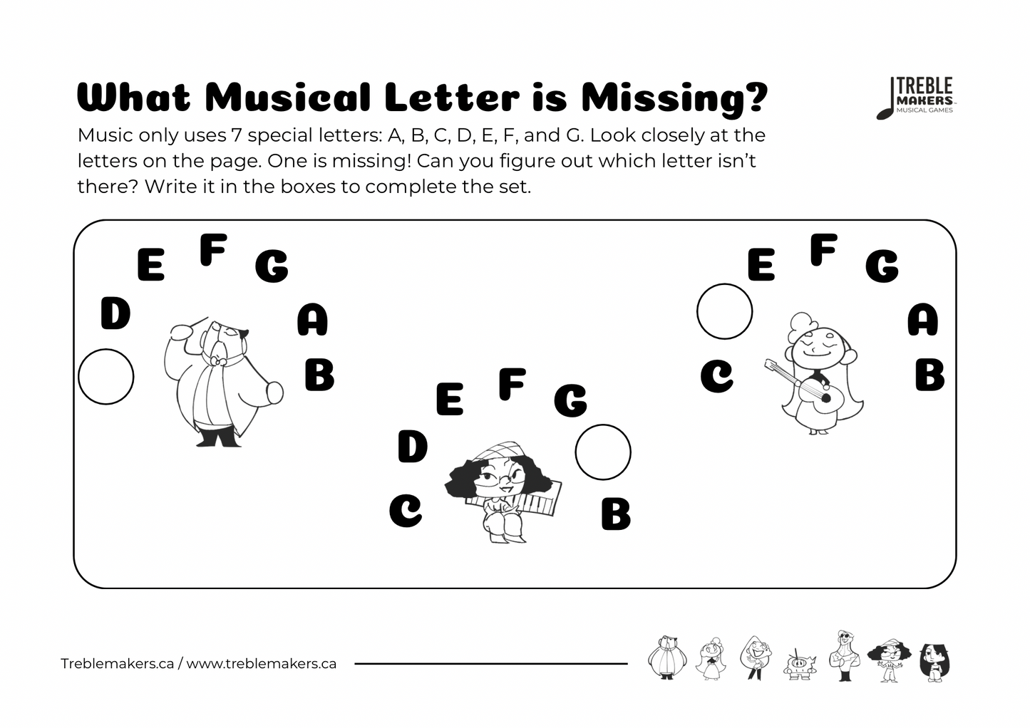 Missing Letter - Musical Alphabet Fill-in-the-Blank Activity Sheets - Set 5