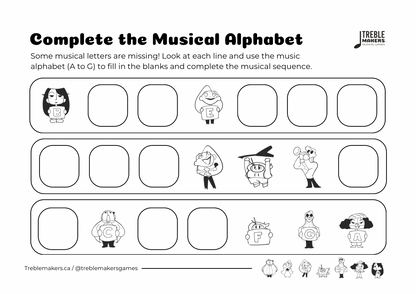 Complete the Musical Alphabet – Note Sequence Activity Sheets - Set 3