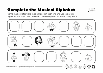 Complete the Musical Alphabet – Note Sequence Activity Sheets - Set 5
