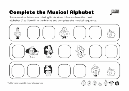Complete the Musical Alphabet – Note Sequence Activity Sheets - Set 7
