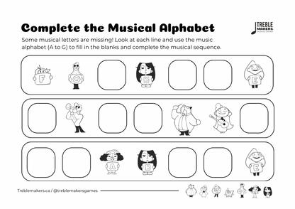 Complete the Musical Alphabet – Note Sequence Activity Sheets - Set 8