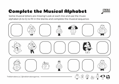 Complete the Musical Alphabet – Note Sequence Activity Sheets - Set 9